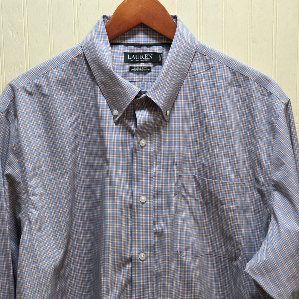 Lauren Ralph Lauren Dress Shirt Mens 17.5 32/33 Check Classic Stretch Non Iron